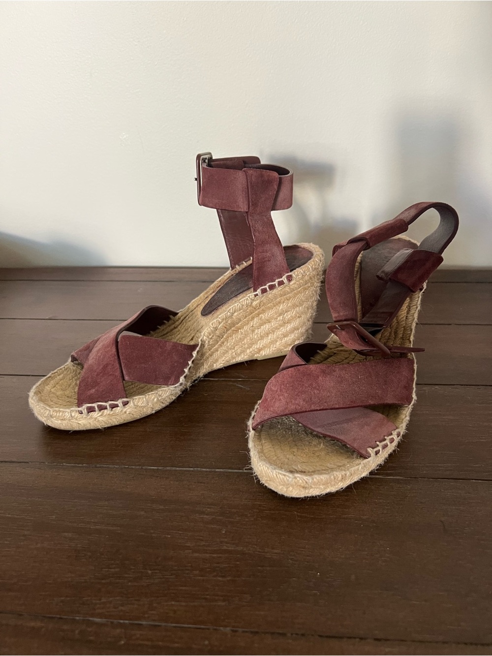 Vince Burgundy Suede Espadrille Wedge Sandals with Ankle Strap